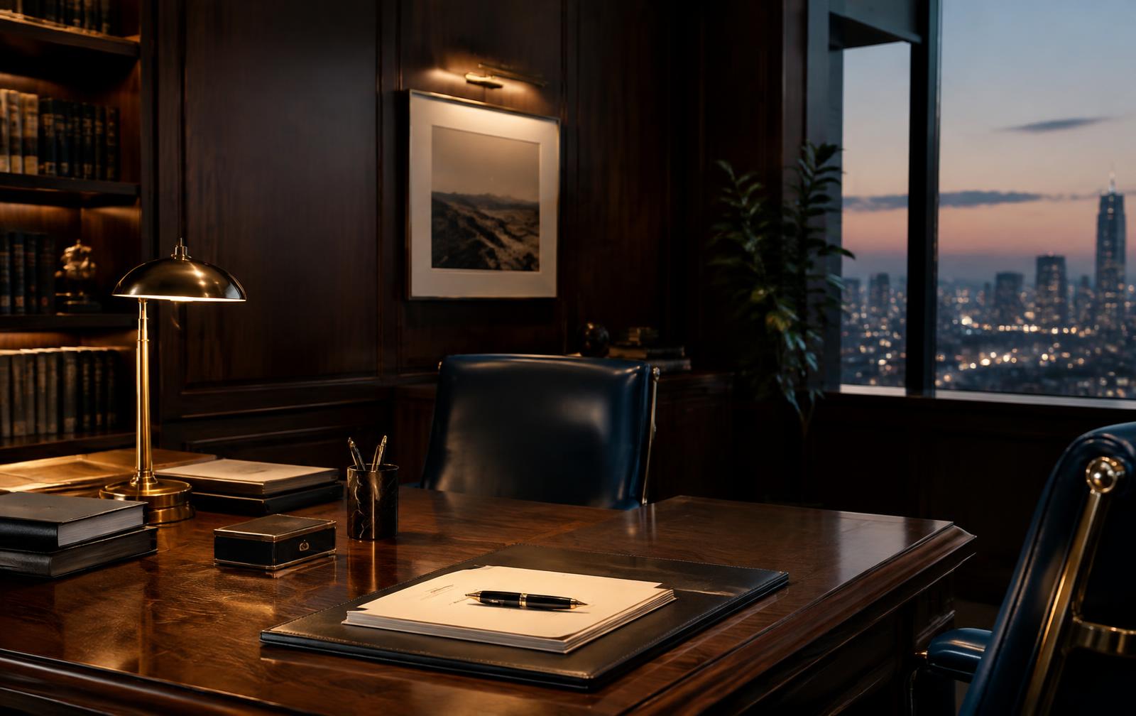 Walnut-paneled office with a brass desk lamp and documents ready for review